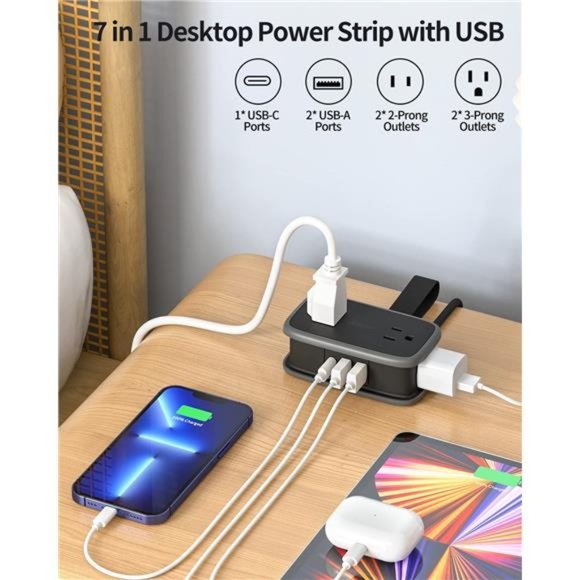 Power Strip with USB C Port, Flat Plug Extension Cord with 4 Outlets 3 USB - Picture 2 of 6